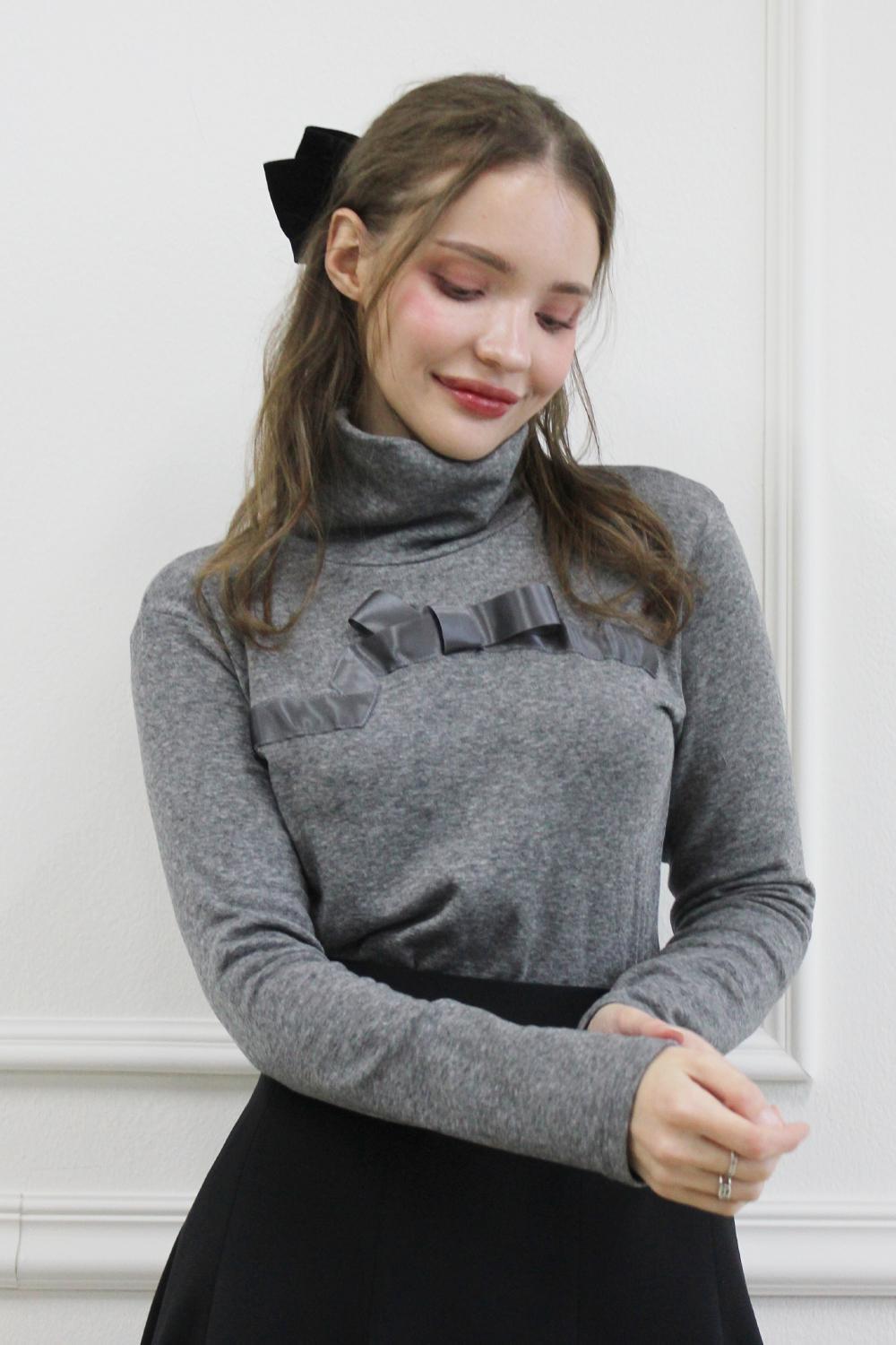 Ribbon soft turtle neck knit (Grey)