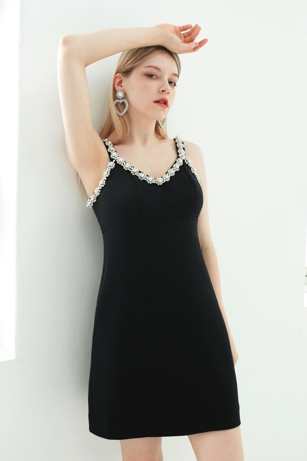Pearl embroidery mini dress (Black)