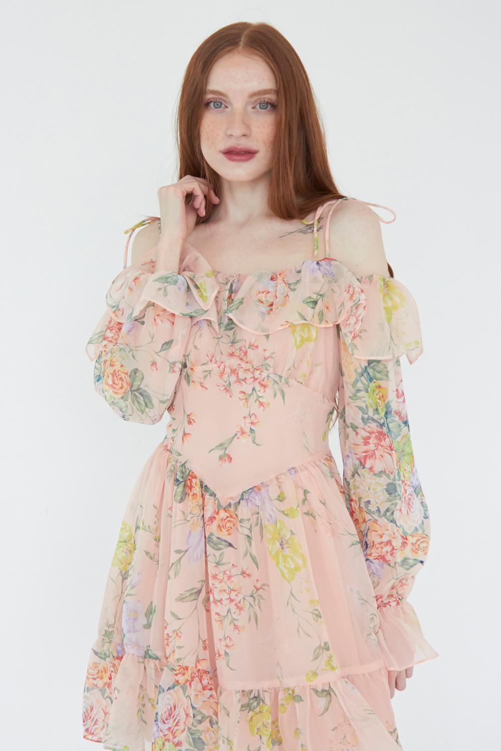 [오마이걸 유빈 착용] Flower party off shoulder dress (Peach beige)