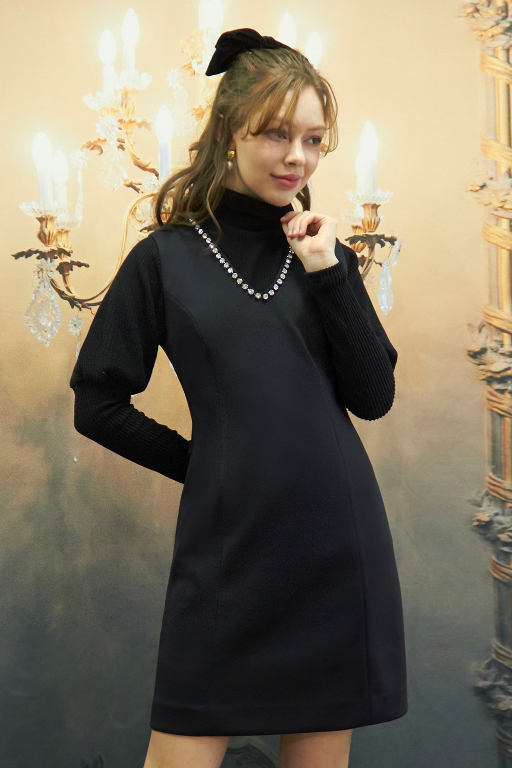 [50% SALE] Jewel v neck sleeveless dress (Black)